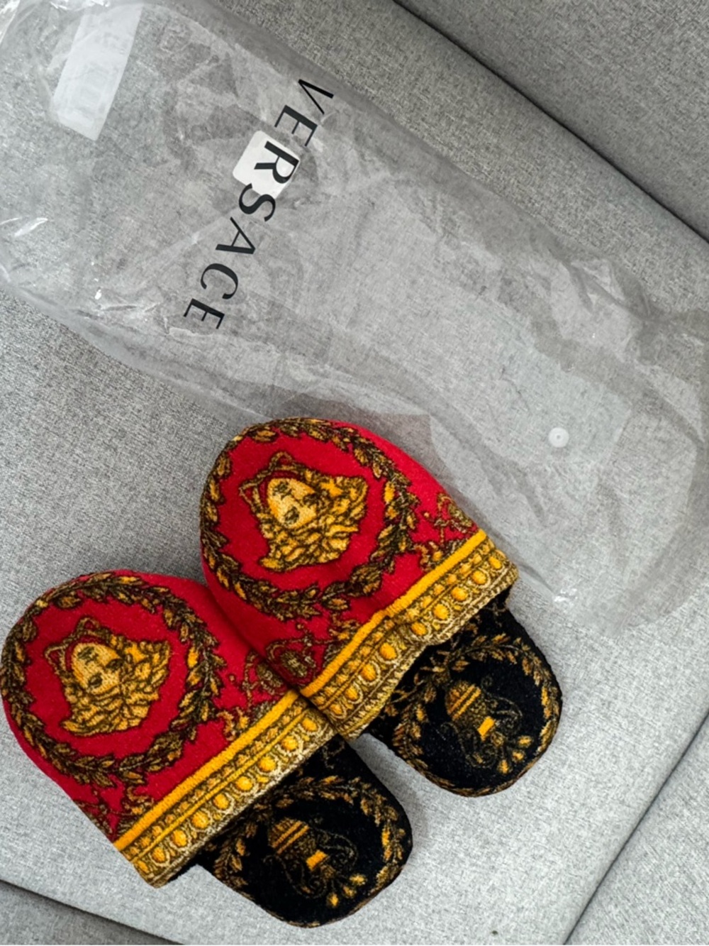 Versace Red, Black & Gold Embroidered Baroque Slide Slippers